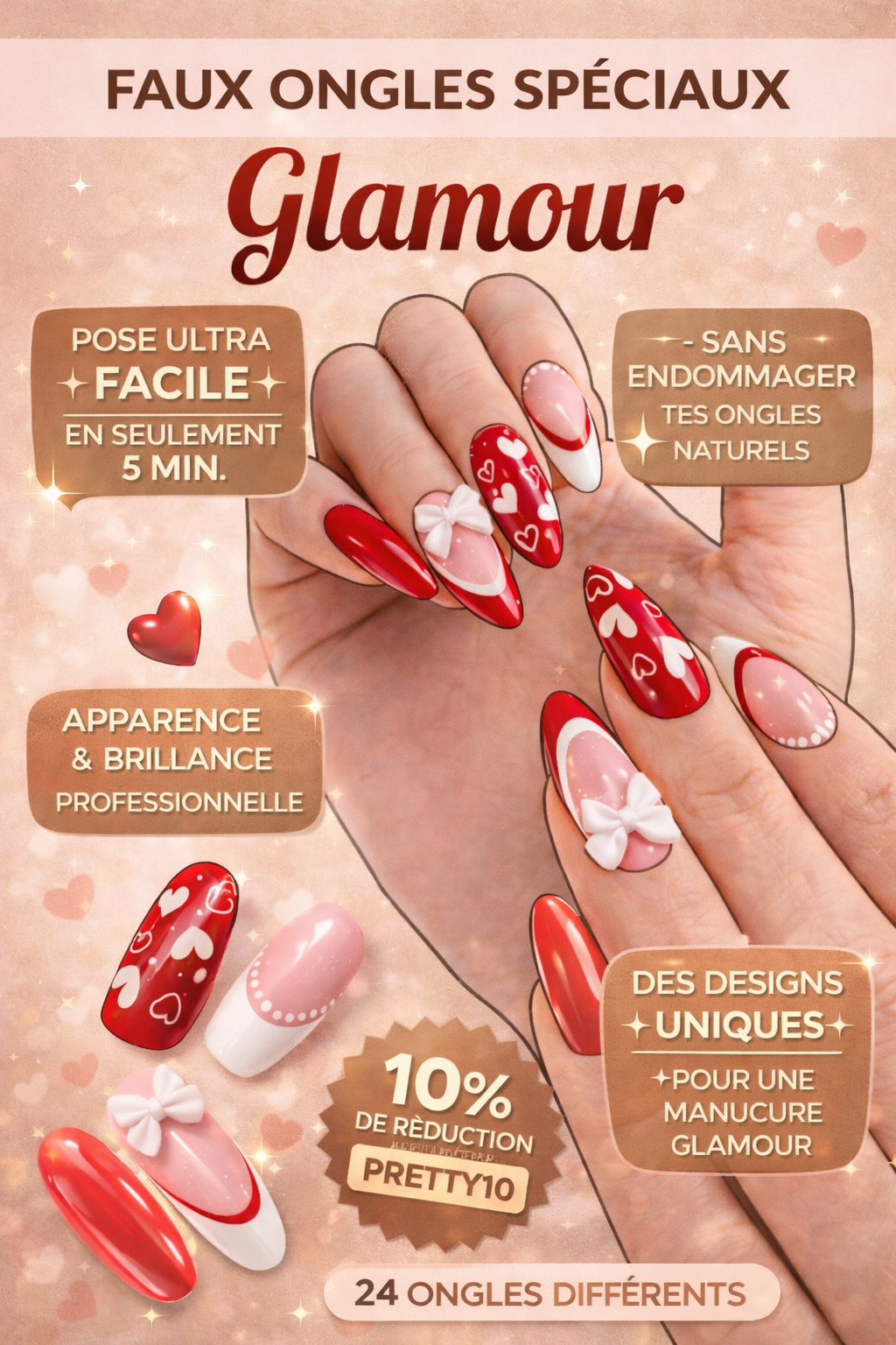Faux Ongles Glamour – Effet Salon Élégant en 5 Minutes (24 Ongles)
