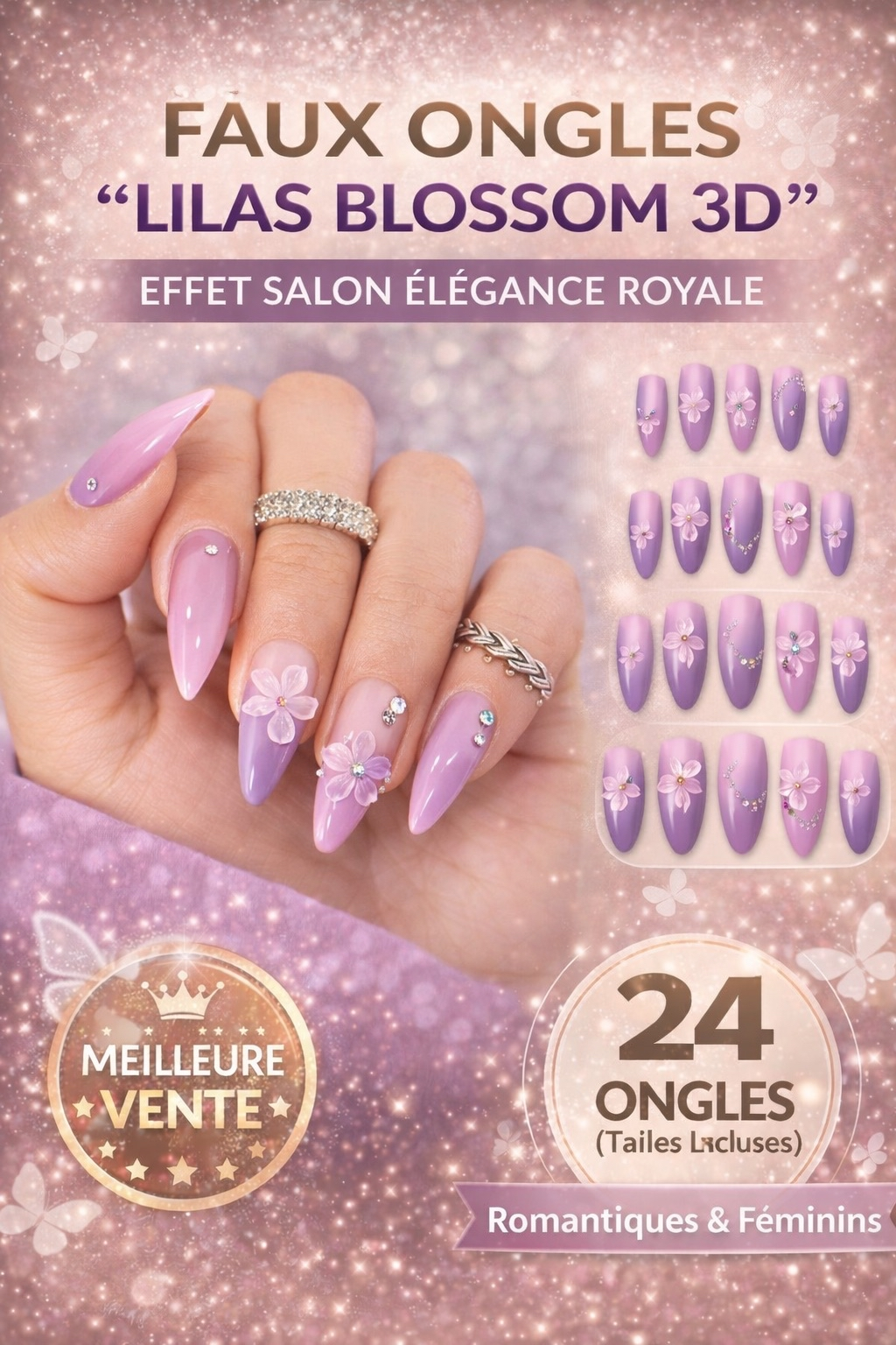 Lilac Blossom 3D False Nails – Salon Effect, Royal Elegance