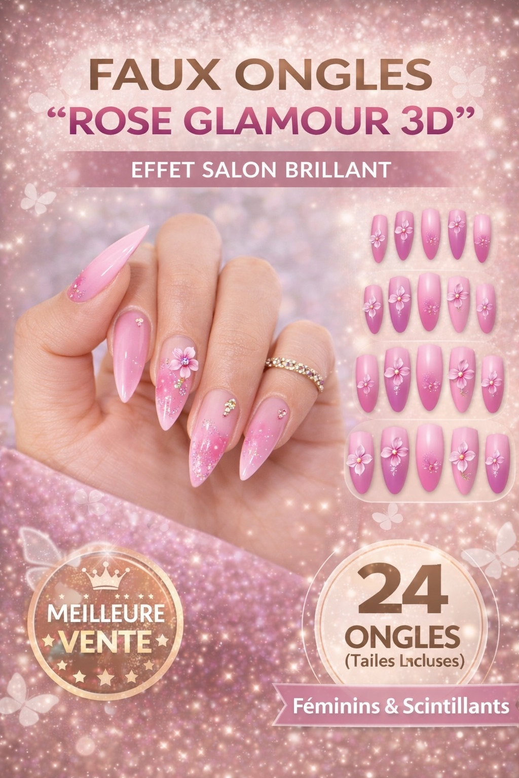 Faux Ongles Rose Glamour 3D – Effet Salon Brillant