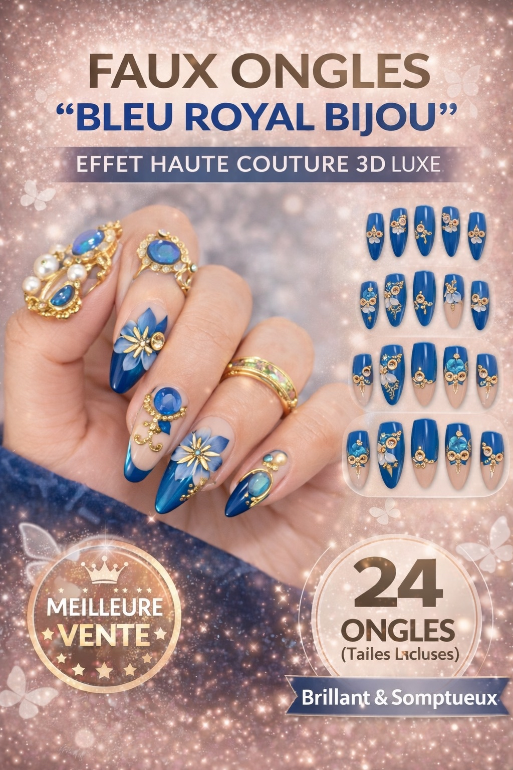 Faux Ongles Bleu Royal Bijou – Effet Haute Couture 3D Luxe