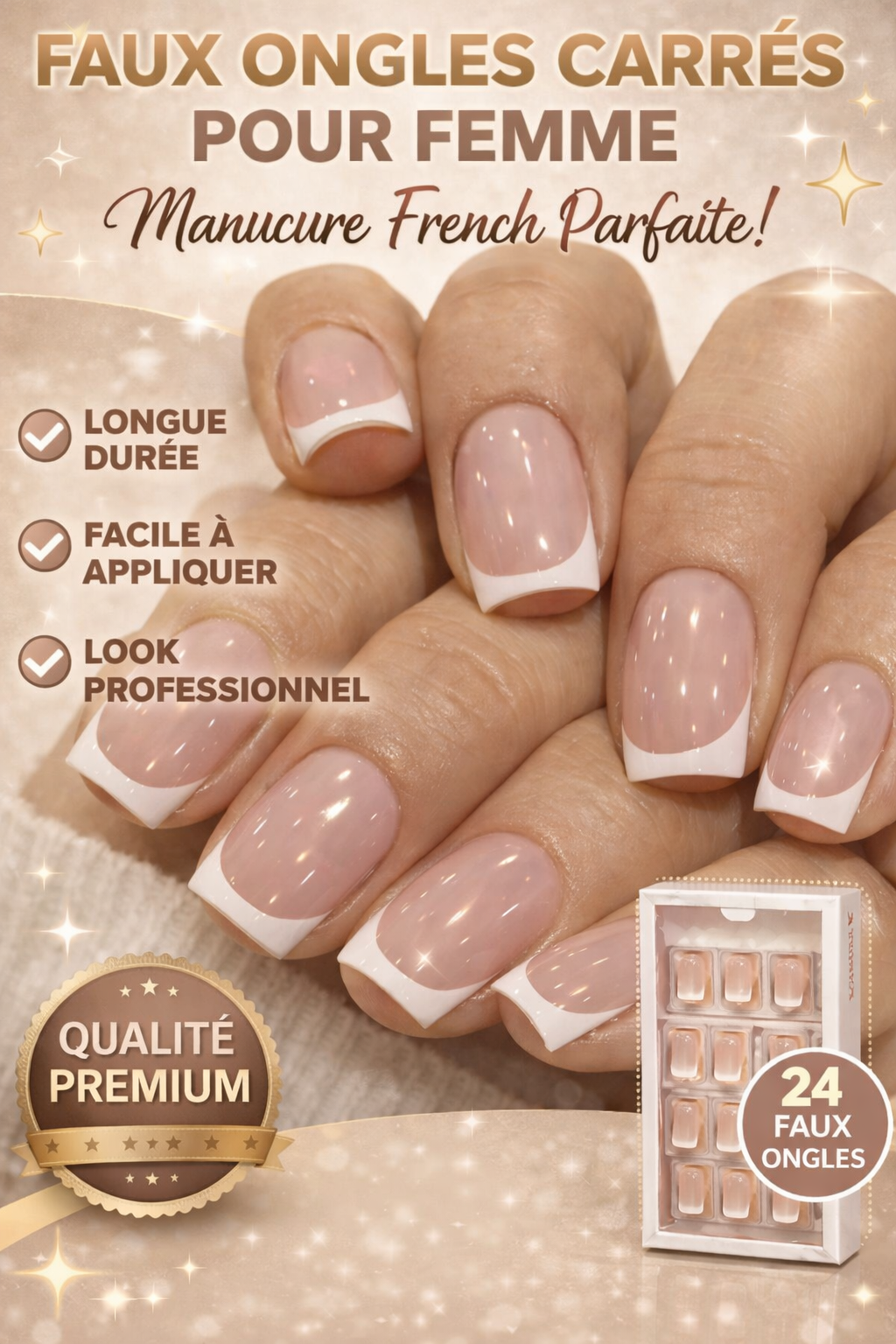 Faux Ongles Carrés/Ronds Français – Manucure Élégante & Professionnelle à Domicile (24 pièces)