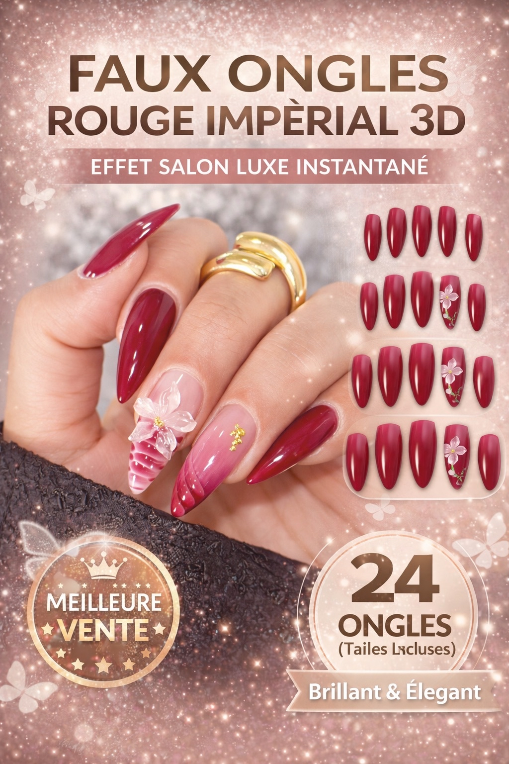 Faux Ongles Rouge Impérial 3D – Effet Salon Luxe Instantané