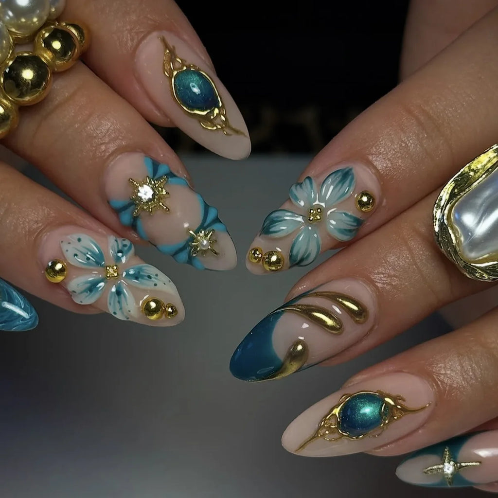 Faux Ongles Bleu Royal Bijou – Effet Haute Couture 3D Luxe