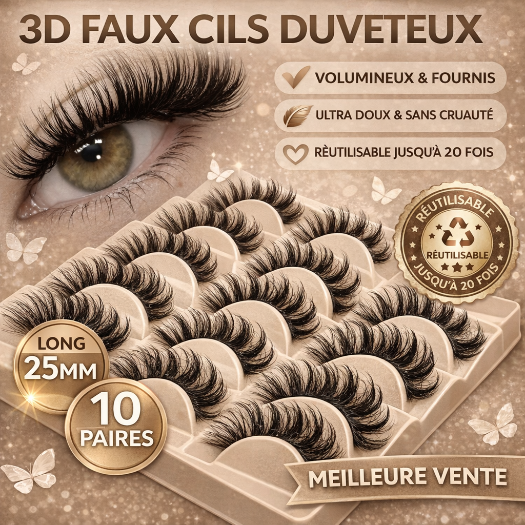 Faux Cils 3D Ultra Duveteux – Volume Intense & Regard Agrandi – Réutilisables - 10 Paires